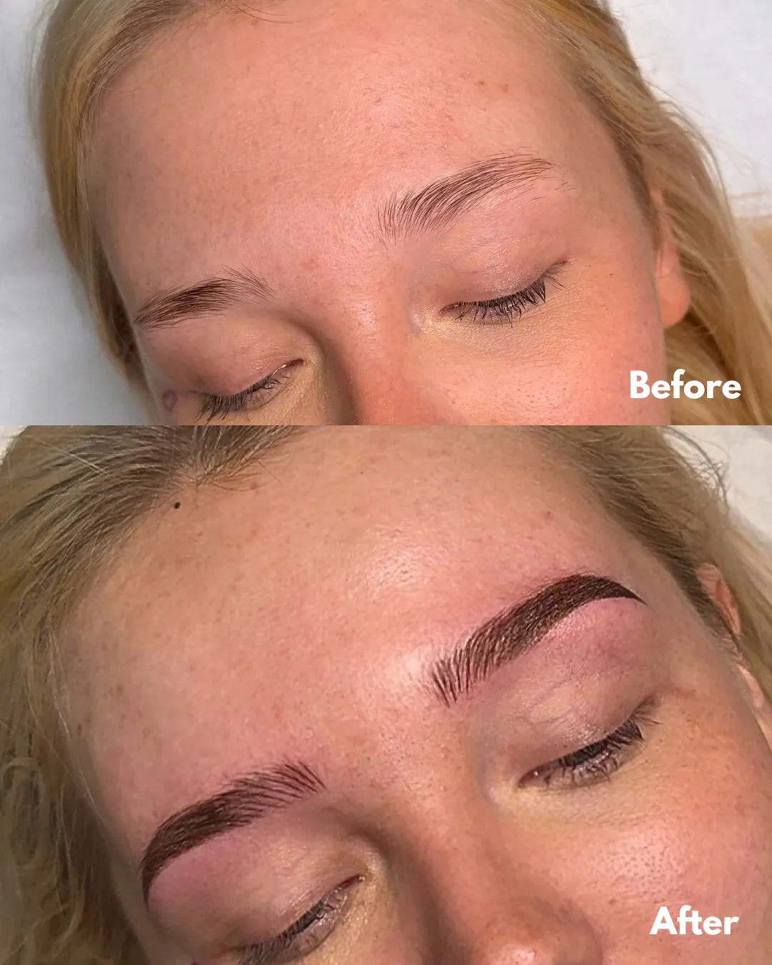Before and after: a client’s fair, sparse brows, then soft brown hairstroke brows